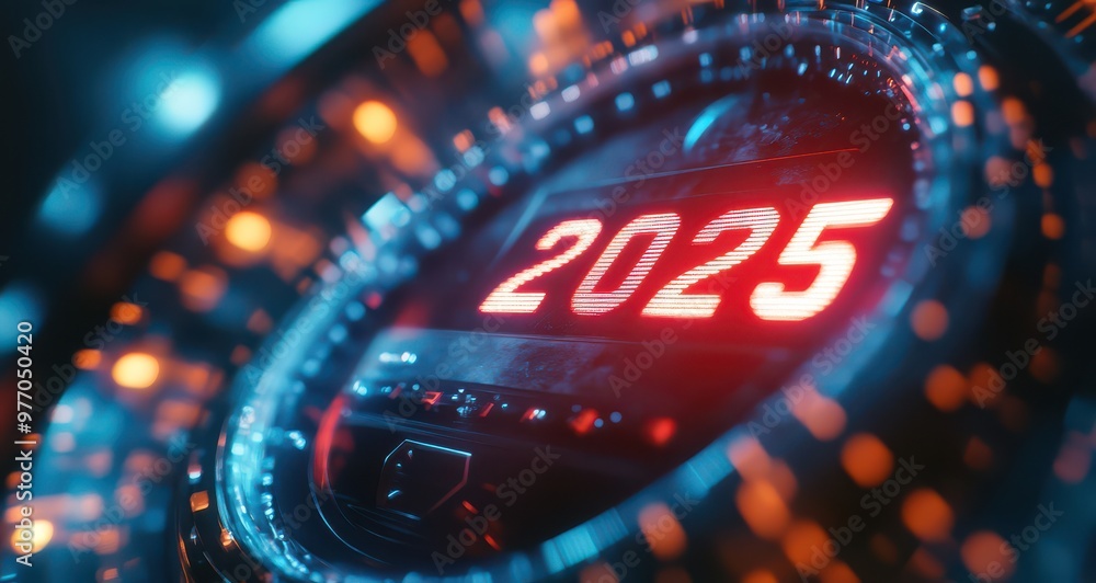Poster close-up view of futuristic speedometer displaying the year 2025 with dynamic lights and glowing eff