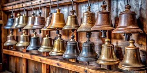 A Row of Antique Brass and Wooden Bells on a Wooden Shelf, Bells, Sound, Antique, Musical Instrument