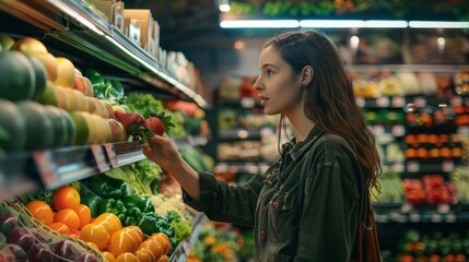 Obraz premium A woman in a supermarket chooses vegetables and fruits 