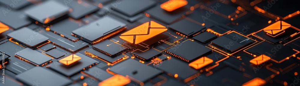 Poster a close-up of a digital circuit board featuring an illuminated email icon, representing modern commu