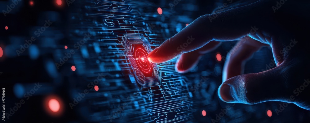 Poster a close-up of a hand interacting with a glowing circuit board, symbolizing the connection between te