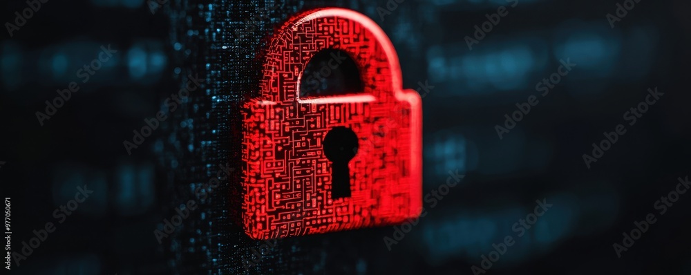Poster a close-up of a red padlock symbolizing security and protection against digital threats in a cyberse