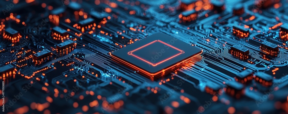 Poster a close-up view of a modern microchip with glowing circuitry, showcasing technology and innovation i