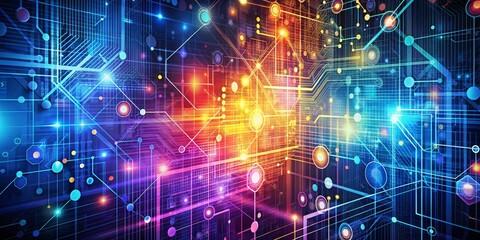 Obraz premium Abstract Digital Network - Circuit Board Illustration, Neon Colors, Technology, Network, Abstract