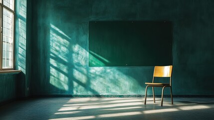 one chair in an empty classroom symbolizes solitude and loneliness, evoking a powerful concept ideal for banners