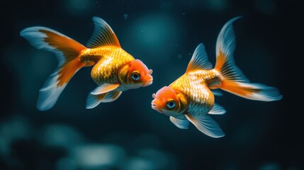 Two lively goldfish are captured swimming together in harmony, showcasing their vibrant colors and delicate fins in a serene underwater setting, evoking peace and tranquility.