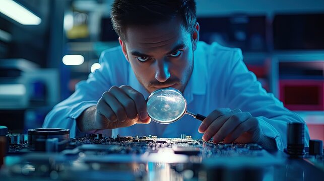 An electrical engineer examining circuit boards under a magnifying glass, in a brightly lit lab filled with technical equipment.