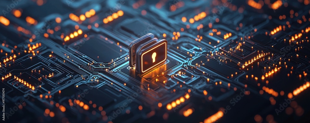 Poster a digital lock icon on a circuit board background, symbolizing security and data protection in techn