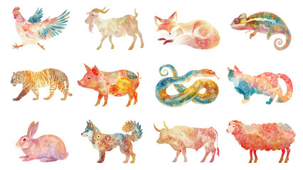 Obraz premium PNG Chinese folk animal art element set, transparent background