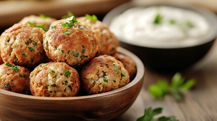 A stack of flavorful, golden falafel balls sits in a wooden bowl, surrounded by fresh herbs, offering a traditional and appetizing vegetarian snack for any palate.