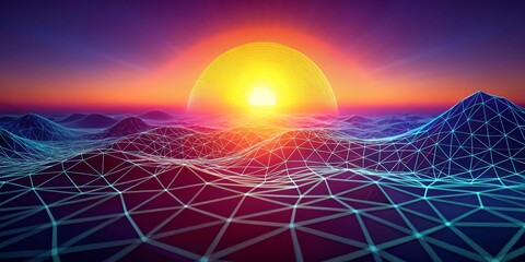 Digital Sunset Abstract Low Poly Landscape with Glowing Grid, 3D Render, digital art, futuristic, cyberpunk