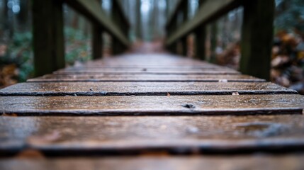 Fototapeta premium This close-up view of a wooden bridge, nestled within a dense forest, highlights the textures of the planks and the surrounding verdant foliage, evoking a serene natural ambiance.