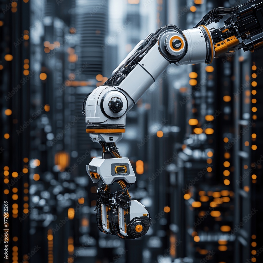 Poster a futuristic robotic arm in an urban setting, showcasing advanced technology and intricate design ag