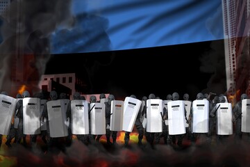 Estonia police squad on city street are protecting country against disorder - protest stopping concept, military 3D Illustration on flag background
