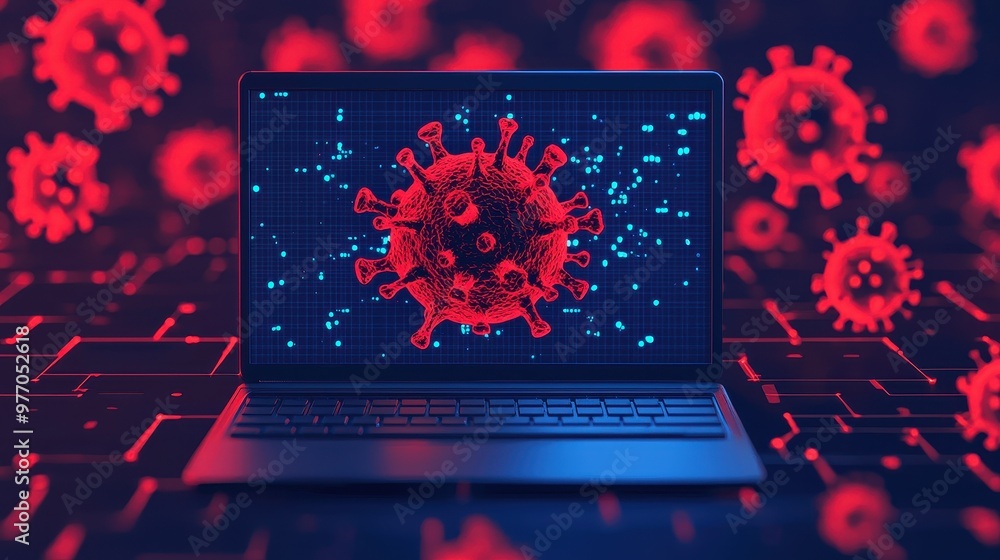 Poster a laptop displaying a 3d virus model, surrounded by digital elements, symbolizing the fusion of tech