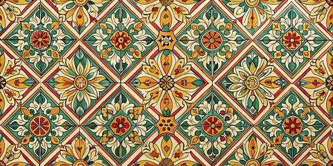 Geometric Floral Tile Pattern in Green, Red, and Yellow, tile pattern, floral pattern, italian art