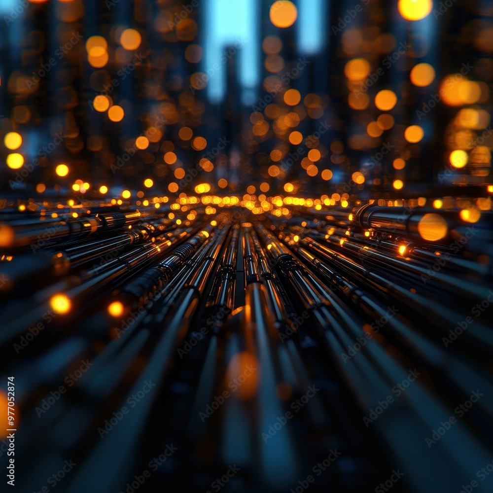 Poster a mesmerizing view of illuminated pipelines leading into a vibrant digital abyss, showcasing a blend