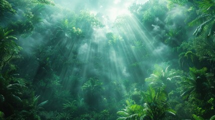Fototapeta premium Sunbeams filter through lush tropical foliage in a tranquil rainforest at midday. Generative AI