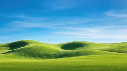 Obraz premium Wind turbines turning slowly in the distance on a green hill under a bright blue sky, symbolizing renewable energy.