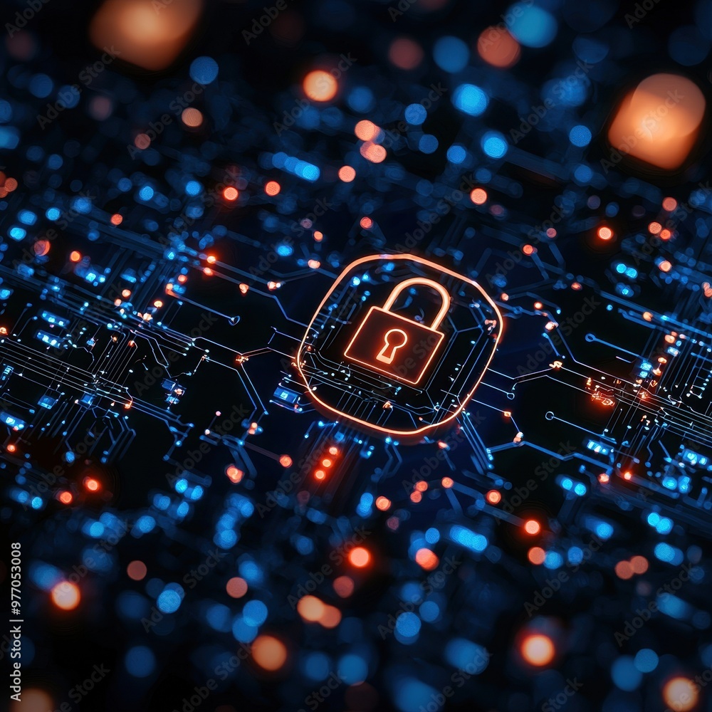 Poster a modern digital padlock overlaying a complex circuit board, symbolizing cybersecurity and data prot