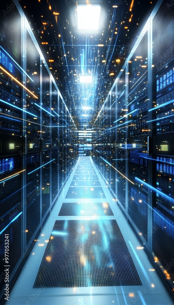Poster futuristic server room with glowing lights and data flow, big data and cloud computing concept.