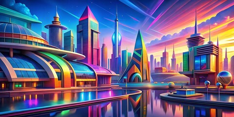 Neon Cityscape with Reflections, Digital Art, Futuristic Architecture, Skyscraper, City