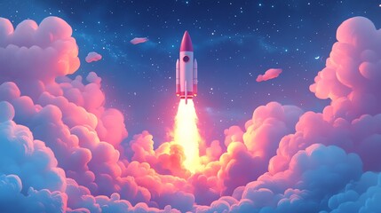 Fototapeta premium A white rocket with red accents blasts off through pink and blue clouds into a starry night sky.