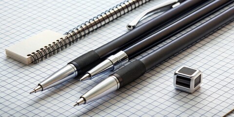 Pens and Notebook on a Gridded Paper, Still Life, Composition with Notebook and Pens, Gridded Paper, Stationery ,pencils,stationery