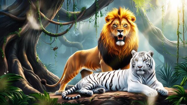 A white lion and tiger, smooth looping video 4K 