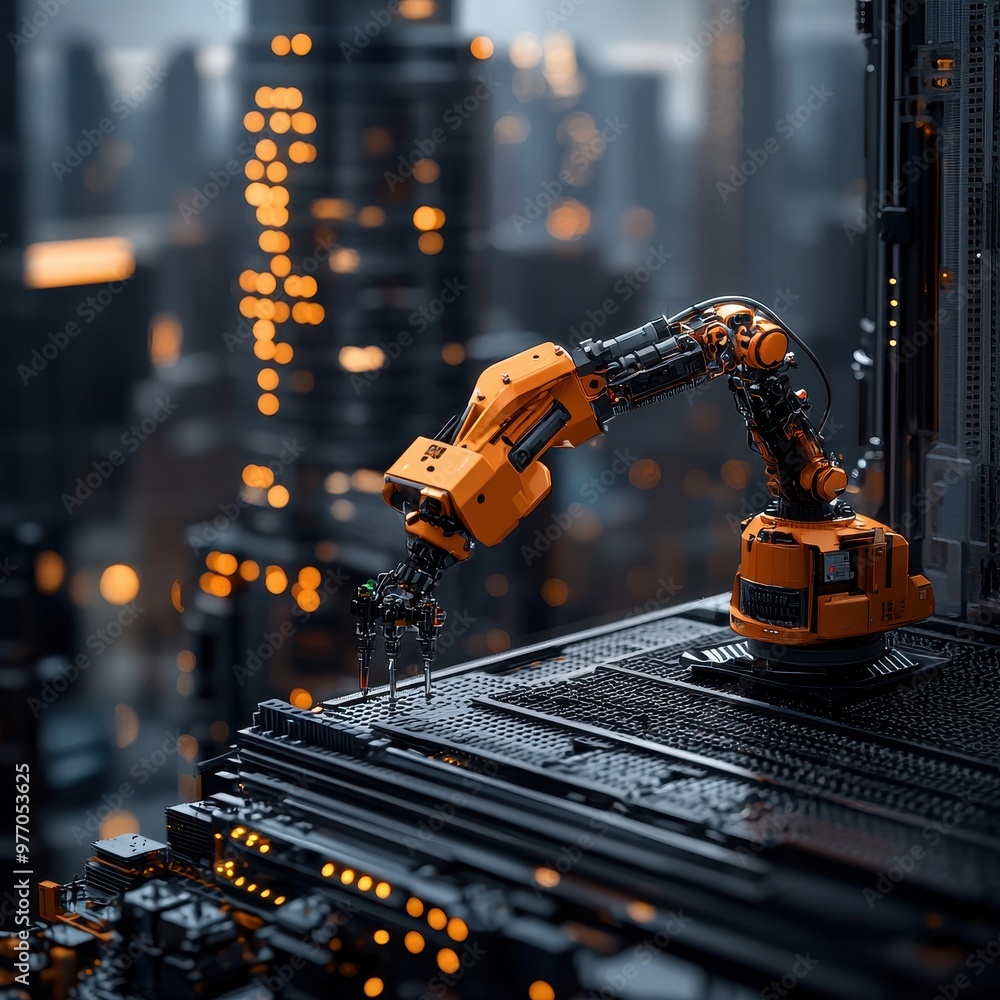Poster a robotic arm skillfully manipulating intricate components on a cityscape background, showcasing adv