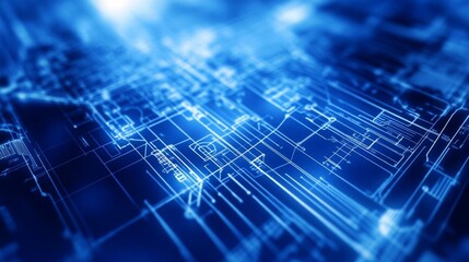 Abstract digital technology background in blue tones featuring circuit patterns and luminous lines.