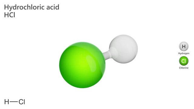 3d model of Hydrogen chloride (HCl) is a colorless, thermally stable toxic gas. Upon contact with water, it forms hydrochloric acid. it is used cleaning, pickling, electroplating metals