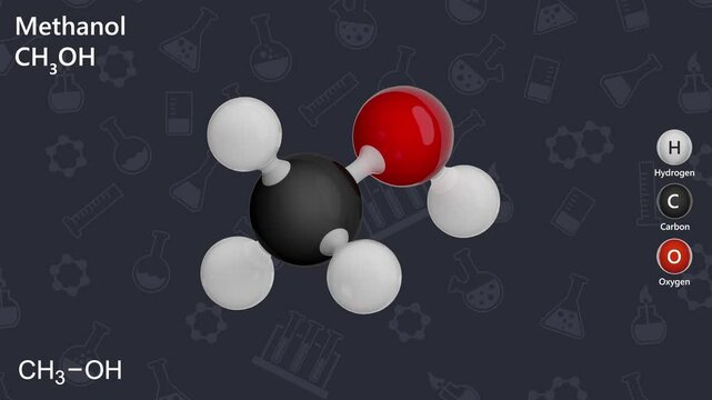 The Animated 3D model of methanol molecule CH3OH (CH4O). Methanol appears as a colorless volatile liquid. the addition of methanol to gasoline, which increases its octane number. 3d rendering.