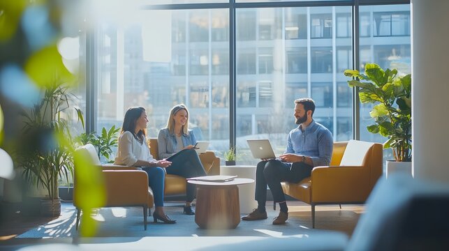 Three Professionals Engaged in Discussion in a Modern Office Lobby