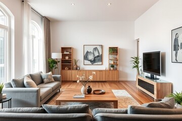 Interior of living room with grey sofa and table