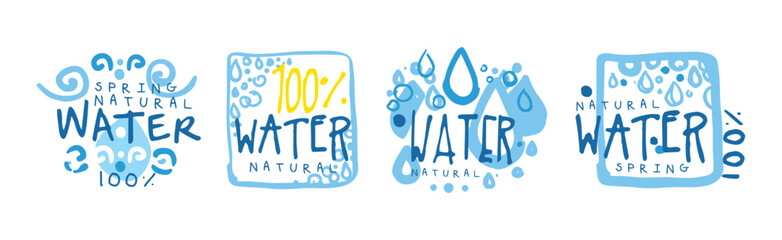 Natural Water and Blue Liquid Label and Sticker Design Vector Set