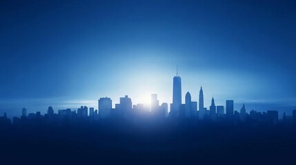 Obraz premium Stunning city skyline silhouette against a dramatic blue sunrise, showcasing urban architecture and the beauty of dawn.