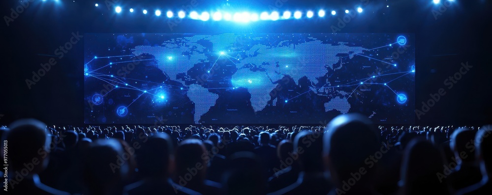 Poster a stunning visual of a global network presentation with bright blue lights showcasing interconnected