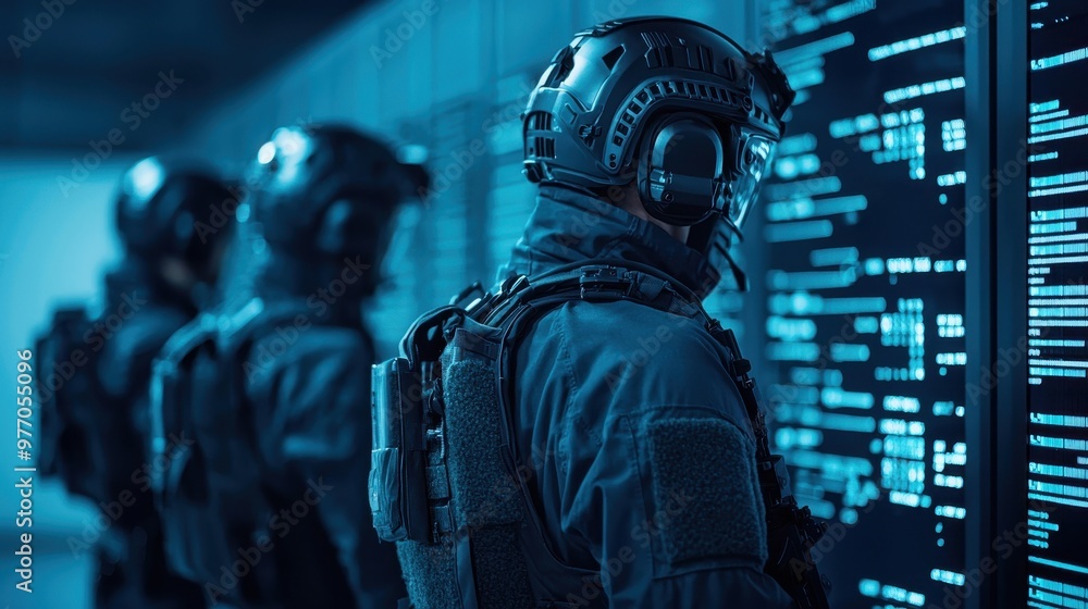 Poster a team of tactical soldiers monitors advanced data on digital screens in a high-tech environment.
