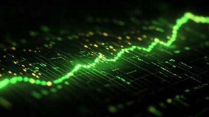 A green, glowing stock market graph going upwards on a black background, representing the rising and growing trends of financial markets.