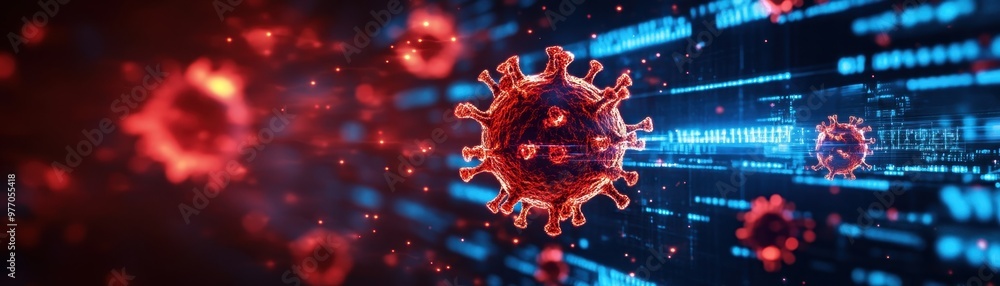 Poster a vibrant, close-up image of a virus particle with a digital backdrop, representing modern science a