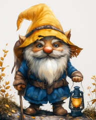 A quirky gnome with a lantern in a cartoon style.