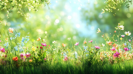 Beautiful spring meadow with grass and flowers in sunlight background 