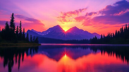 Mountainous Landscape with a Vivid Sunset Reflected in a Tranquil Lake