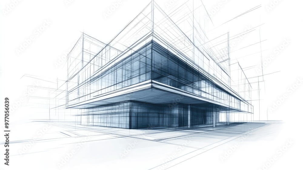 Poster line art depiction of an architectural building in a 3d sketch format