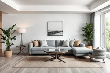 Interior of living room with grey sofa and table