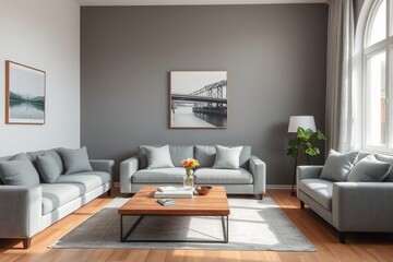 Interior of living room with grey sofa and table