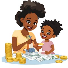 Mother and daughter counting money and bills.