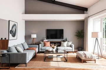Interior of living room with grey sofa and table
