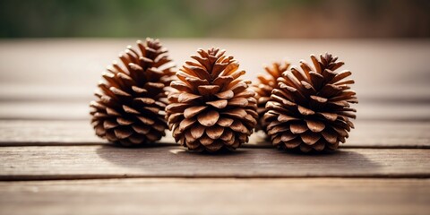 Four brown pine cones sit on wooden surface.